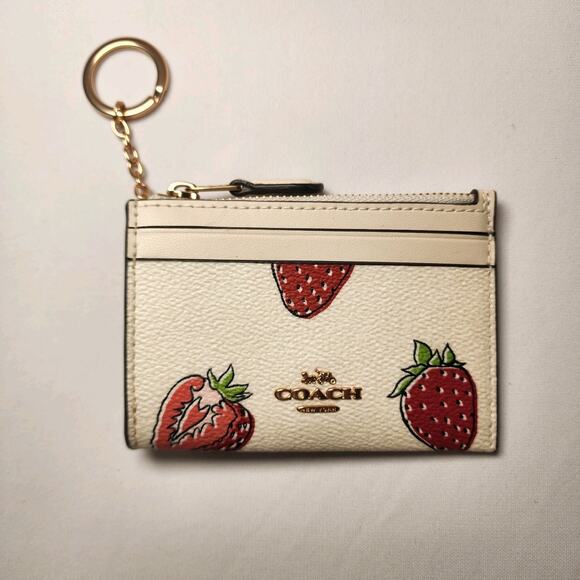 NWT Coach CAR17 Mini Skinny Id Case With Strawberry Print Canvas Chalk Multi V2 - Picture 1 of 5